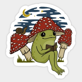 Cute Frog in Mushroom Hat Reading a Book, Goblincore Toad Toadstool Under Starry Cottagecore Sky Sticker